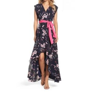 Eliza J Floral High Low Dress with Pink Belt